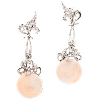 PAIR OF EARRINGS WITH CORALS AND DIAMONDS IN PALLADIUM SILVER Pink corals, 8x8 cut diamonds ~0.20 ct