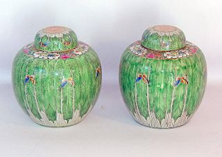 Pair of Chinese Export Cabbage Leaf Ginger Jars