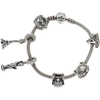 BRACELET IN .925 SILVER, PANDORA 6 charms with glass applications. Weight: 29.7 g
