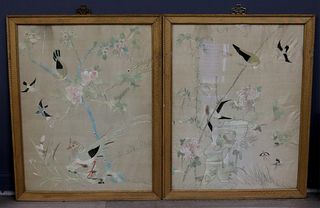 Pair of Framed Asian Embroideries of Birds.