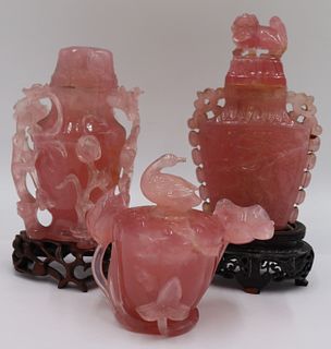 (3) Carved Chinese Rose Quartz Lidded Vessels.