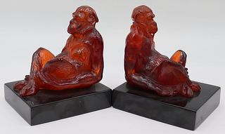Pair of Carved Possibly Amber Monkey Form Bookends