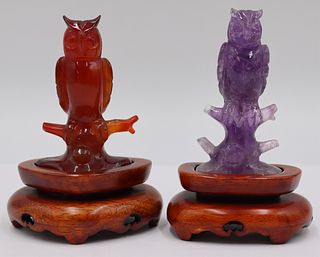 Carved Amethyst and Carnelian Owls.