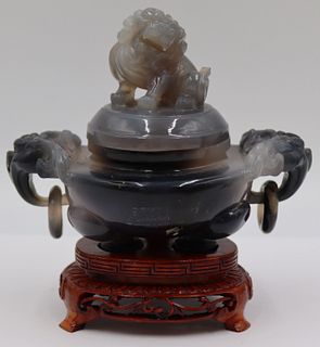 Polished Stone Carving of a Lidded Tripod Censer.