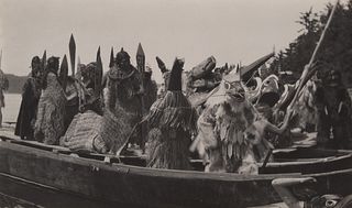 Edward Curtis, Untitled (Masked Dancers in Canoe - Qagyuhl), 1914
