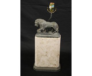 PATINAED LION ON LIMESTONE BASE LAMP