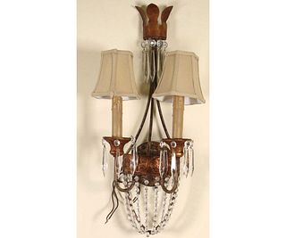 PAIR OF GILT METAL & CRYSTAL WALL SCONCES