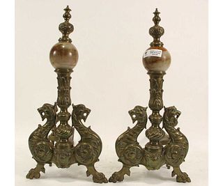 c.1840's EMPIRE BRONZE AND MARBLE FIRE IRONS