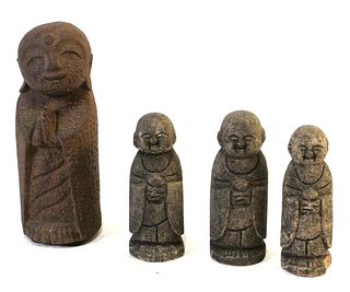 MIXED LOT OF FOUR STONE CARVED BUDDHIST MONKS