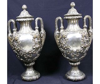 PAIR OF WHITE BRONZE NEOCLASSICAL STYLE URNS