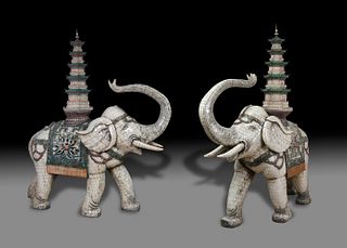 Pair of imperial elephants. Beijing, China, 19th century. Ivory, ebony and semi-precious stones. Unique pieces.