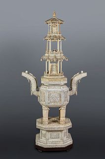Large three-story pagoda. China, second half 20th century In ivory. On wooden base.