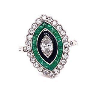 Platinum Diamond Sapphire Enamel Marquise Shaped Ring