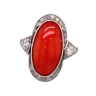Art Deco Platinum Coral Diamond Ring