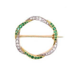 Art Deco 18k Emerald Diamond Brooch