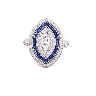 Platinum Sapphire Diamond Marquise Shaped Ring