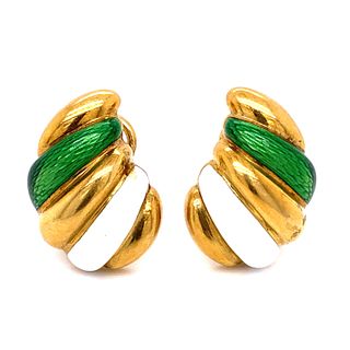 Retro 18k Green & White Enamel Earrings