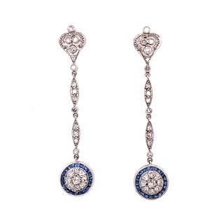 Platinum Art Deco Diamond Sapphire Halo Long Earrings