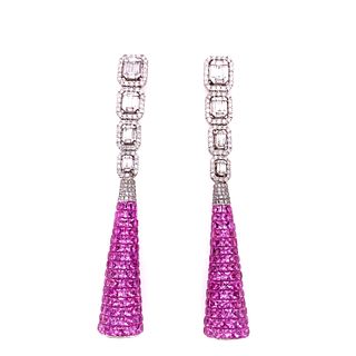 18k Pink Sapphire, Diamond Drop Earrings