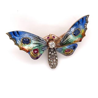 Victorian Tremblant 18k Sapphire Diamond Ruby Butterfly Brooch