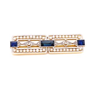 Platinum 18k Sapphire Pearl Diamond Brooch