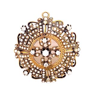 Victorian 14k Diamond Pearls Round Pendant & Brooch