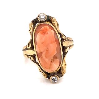 Victorian 14k Coral Diamond Ring