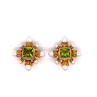Peridot Pearl Diamond 18k Earrings