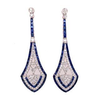Platinum Diamond Sapphire Long Earrings
