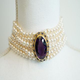Victorian 14kÂ  Amethyst Diamond Sapphire Pearl Choker
