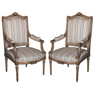 Pair Louis XVI Style Jansen Fauteuils Arm Chairs