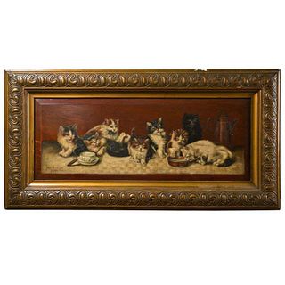 19th Century Beautiful Oil on Board Painting of Kittens