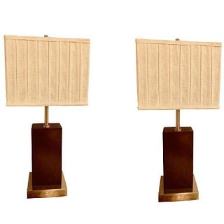 Pair of Mid-Century Chrome and Wood Base Lamps