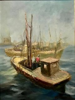 Signed - Oil on Canvas - Tugboat Scene