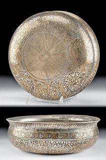 19th C. Islamic Brass Bowl - Tin Brass Inlays & Tughras