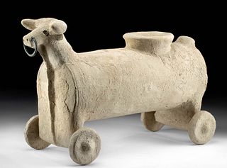 Large Syro Hittite Pottery Bull Pull Toy on Wheels