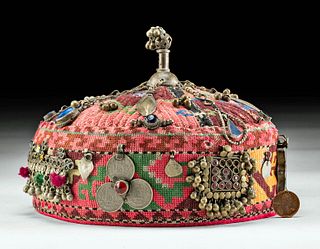 Vintage Afghani Kuchi Textile Hat w/ Brass Ornaments