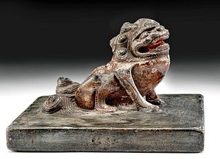17th C. Chinese Qing Stone Shoemaker Weight w/ Foo Dog