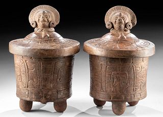 Maya Lidded Vessels w/ Deity Heads (matched pr)