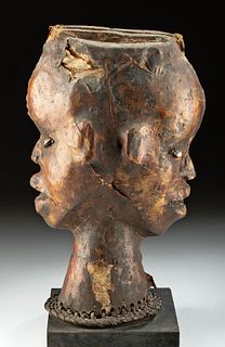 Early 20th C. Nigerian Ekoi Hide Janiform Headdress