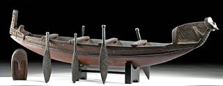19th C. Maori Wood Model Canoe w/ Paddles