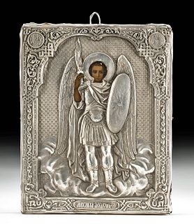 19th C. Russian Icon, Silvered Copper Oklad w/ Uriel