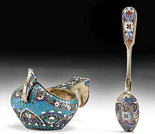 Late 19th C. Russian Cloisonne & Silver Kovsh w/ Spoon