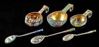 19th C. Russian Cloisonne & Silver Kovsh & Spoons (6)