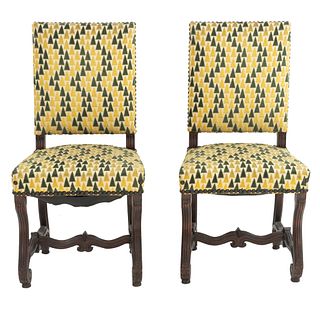 Par de sillas. SXX. Talla en madera. Con respaldos cerrados y asientos en tapicería geométrica color verde y beige.