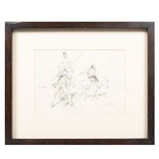 RICARDO MARÍN. (México, siglo XX) Quijote y Sancho Panza. Firmada. Tinta sobre papel. Enmarcada. 23 x 31 cm