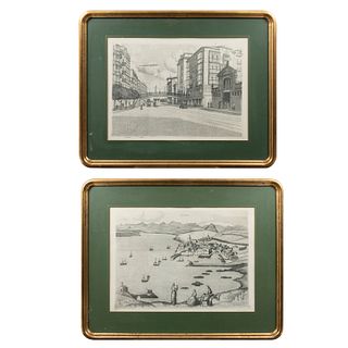 M. LLEDIAS. Lote de 2 grabados. Vistas de Santander en 1565 y 1930. Firmados a lápiz. Enmarcados. 36 x 49 cm.
