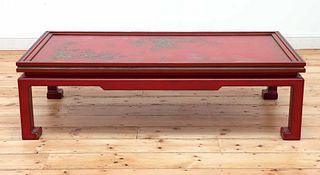 A Chinese-style red-lacquered coffee table in the manner of Mallett & Sons,
