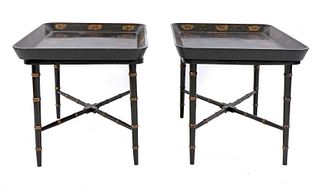 A pair of Regency-style papier mâché tray-top side tables,