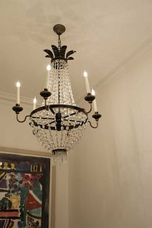 A French Empire-style cut glass and toleware tent and bag chandelier,